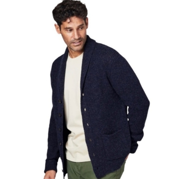 line of trade Other - LINE OF TRADE Men's 100% Shetland Wool Shawl Sweater Blue Cardigan